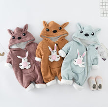 RABBIT APPLIQUED STRIPED HOODED JUMPSUIT FOR BABIES