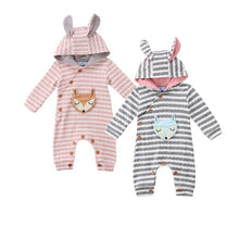 STYLISH FOX APPLIQUED STRIPED HOODED JUMPSUIT FOR BABIES