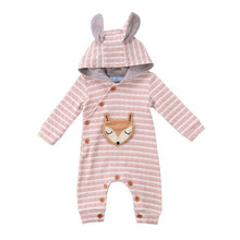 STYLISH FOX APPLIQUED STRIPED HOODED JUMPSUIT FOR BABIES