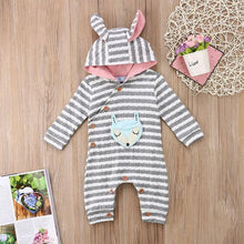 STYLISH FOX APPLIQUED STRIPED HOODED JUMPSUIT FOR BABIES