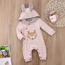 STYLISH FOX APPLIQUED STRIPED HOODED JUMPSUIT FOR BABIES