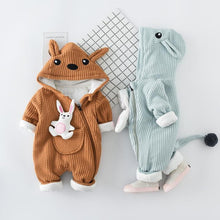 RABBIT APPLIQUED STRIPED HOODED JUMPSUIT FOR BABIES