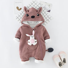 RABBIT APPLIQUED STRIPED HOODED JUMPSUIT FOR BABIES