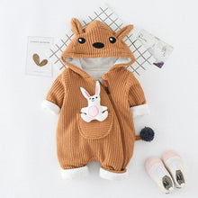 RABBIT APPLIQUED STRIPED HOODED JUMPSUIT FOR BABIES